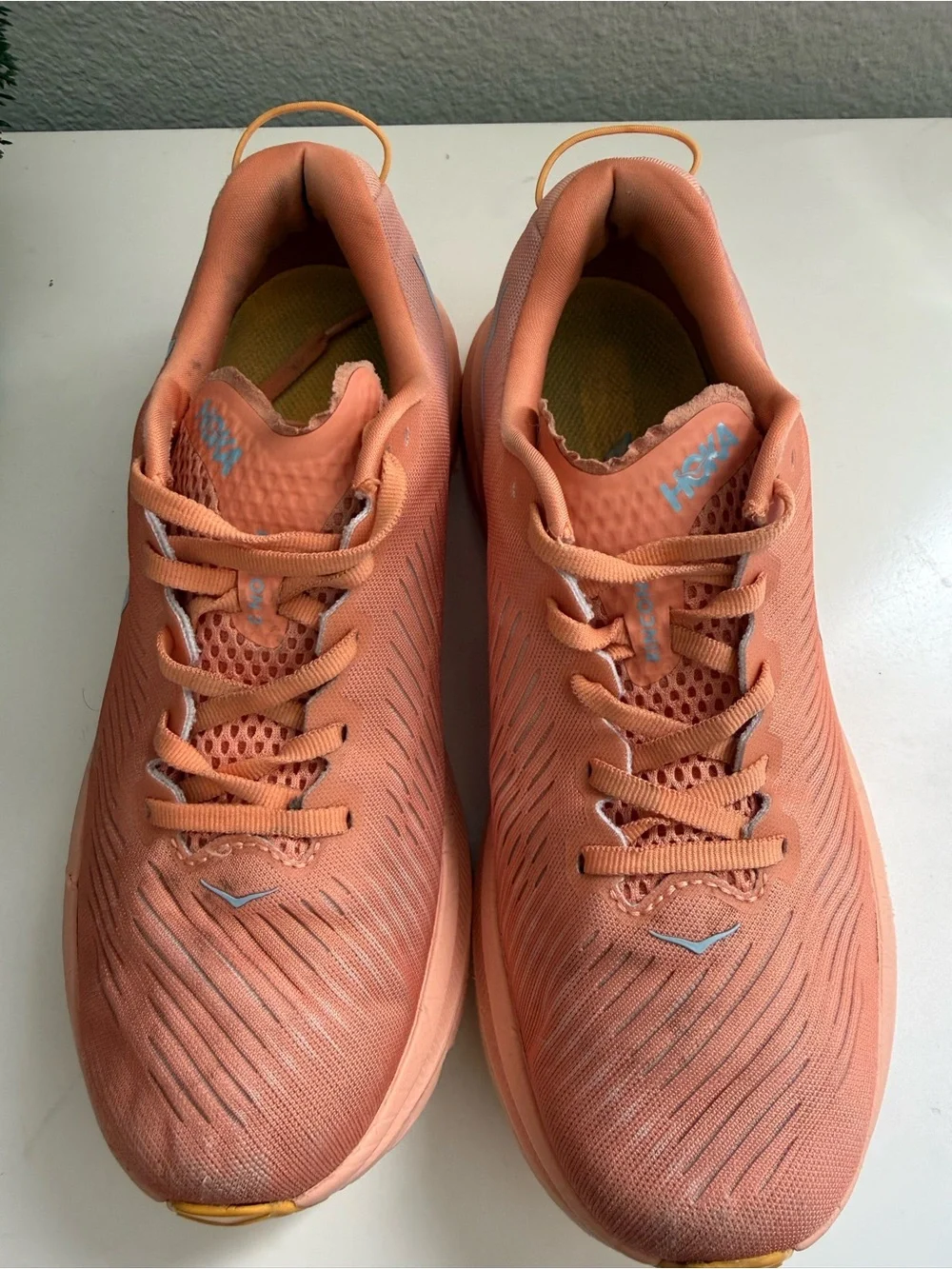 Hoka Rincon 3 Women size 7.5 Coral Peach Athletic Shoes with Light Blue Logo